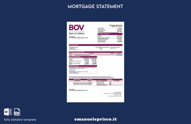 stile verificato Estratto conto ipotecario della Malta Bank of Valletta Modello 